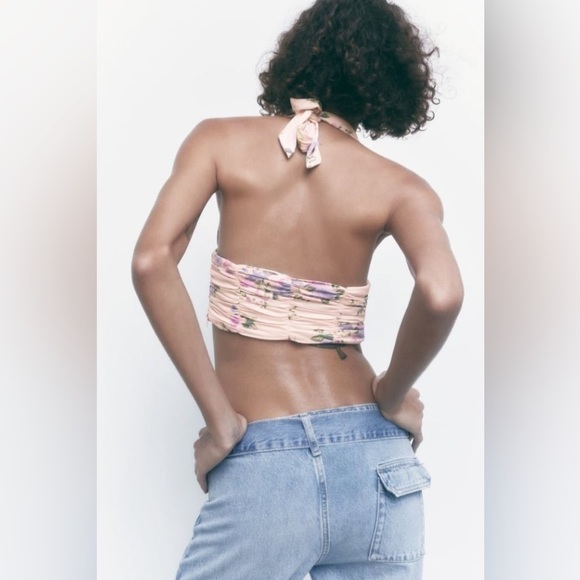 NWT Zara Pale Pink Blue Floral Deep V Cropped Halter Neck Ruched Top sz Small - Picture 4 of 11